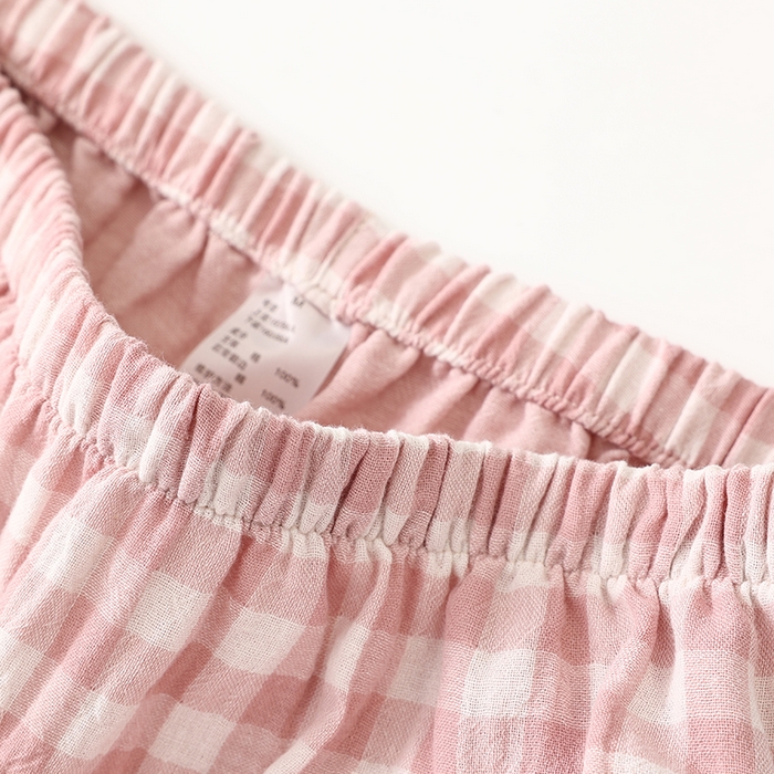 91家纺网 家纺一手货源 找家纺 伊嫚家居 2025新款日式无印风良品全棉双层纱睡衣女纯棉短袖短裤睡衣夏季纯棉短袖家居服 粉小格女