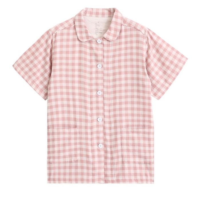 91家纺网 家纺一手货源 找家纺 伊嫚家居 2025新款日式无印风良品全棉双层纱睡衣女纯棉短袖短裤睡衣夏季纯棉短袖家居服 粉小格女