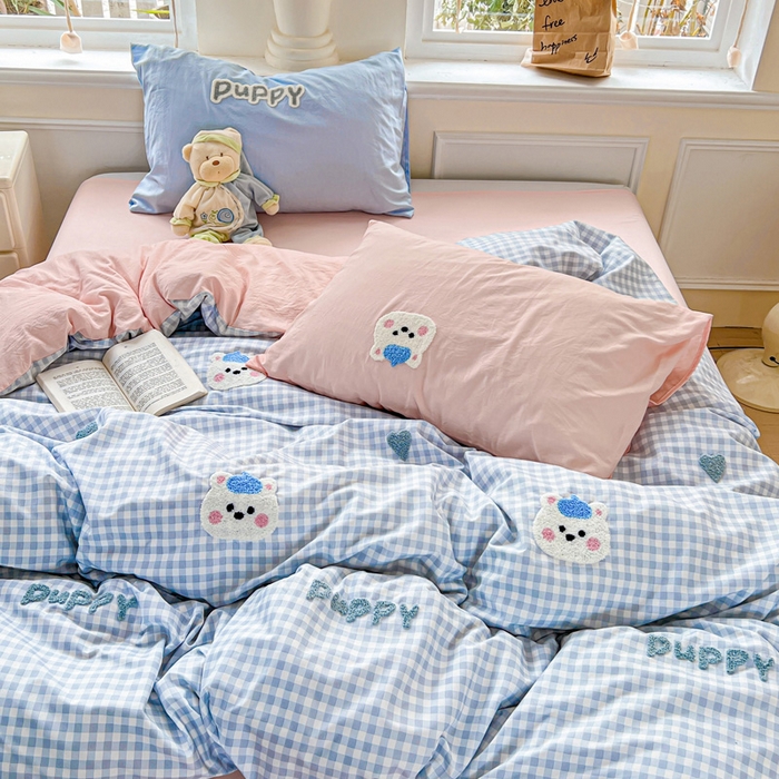 91家纺网 家纺一手货源 找家纺 海岛哥哥 2025新款云柔棉毛巾绣 四件套 毛巾绣-帽子小狗