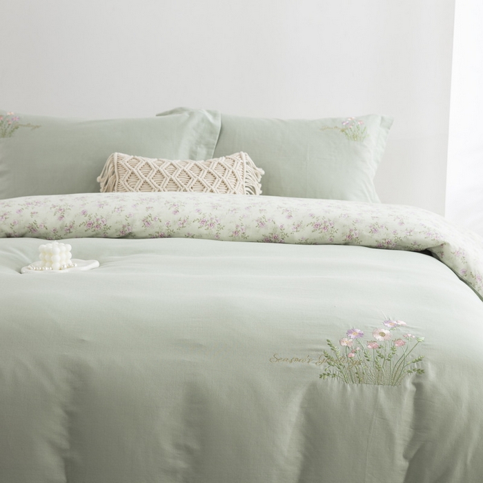 91家纺网 家纺一手货源 找家纺 鲁爱家纺供货 2025新款全棉双层纱绣花四件套 初语-薄荷绿