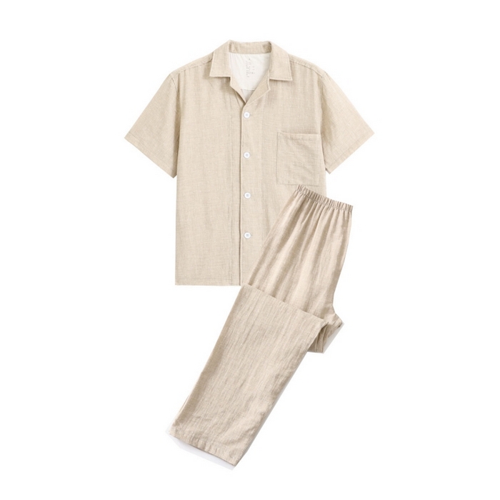 91家纺网 家纺一手货源 找家纺 伊嫚家居 2024新款无印风良品水洗全棉双层纱睡衣女纯棉短袖长裤纯棉夏季情侣家居服 米色波点男