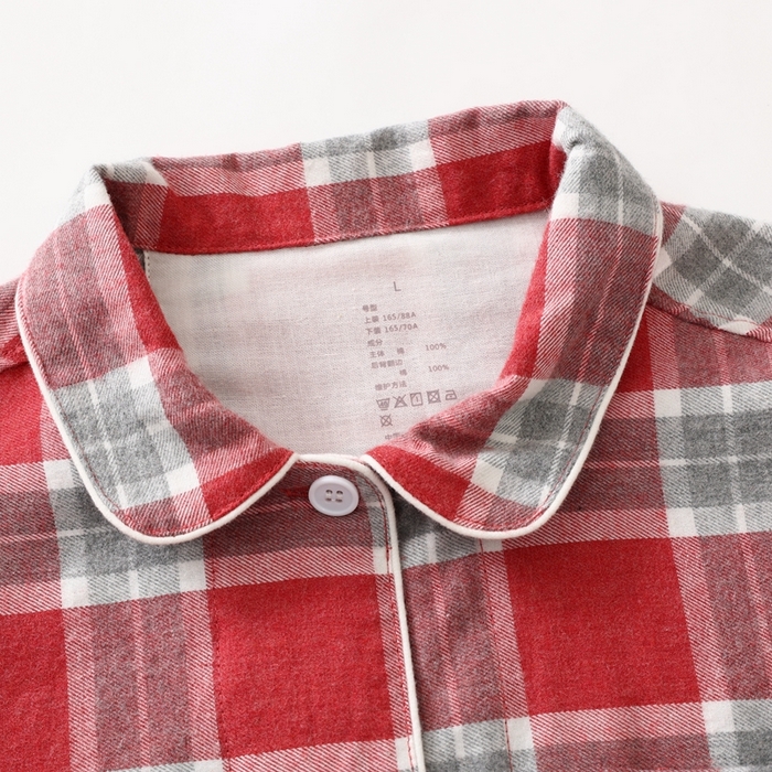 91家纺网 家纺一手货源 找家纺 伊嫚家居 2025新款无印日式双股全棉法兰绒家居服良品睡衣女纯棉直播秋冬款情侣睡衣 灰红色