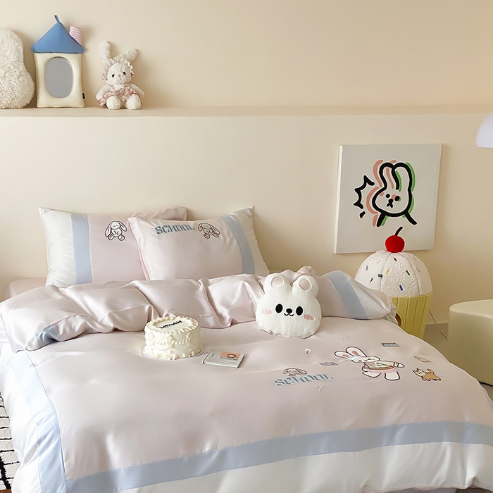 91家纺网 家纺一手货源 找家纺 （总）星野 2025新款超柔天丝棉精致刺绣贴布绣四件套-学院兔