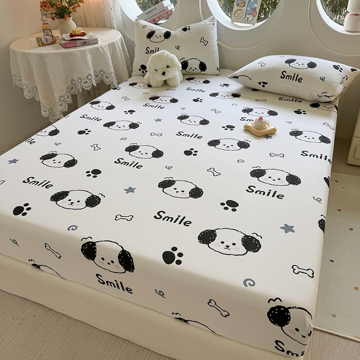 91家纺网 家纺一手货源 找家纺 十一家居 2025新款ins韩系卡通印花亲肤水洗棉床笠 微笑狗狗