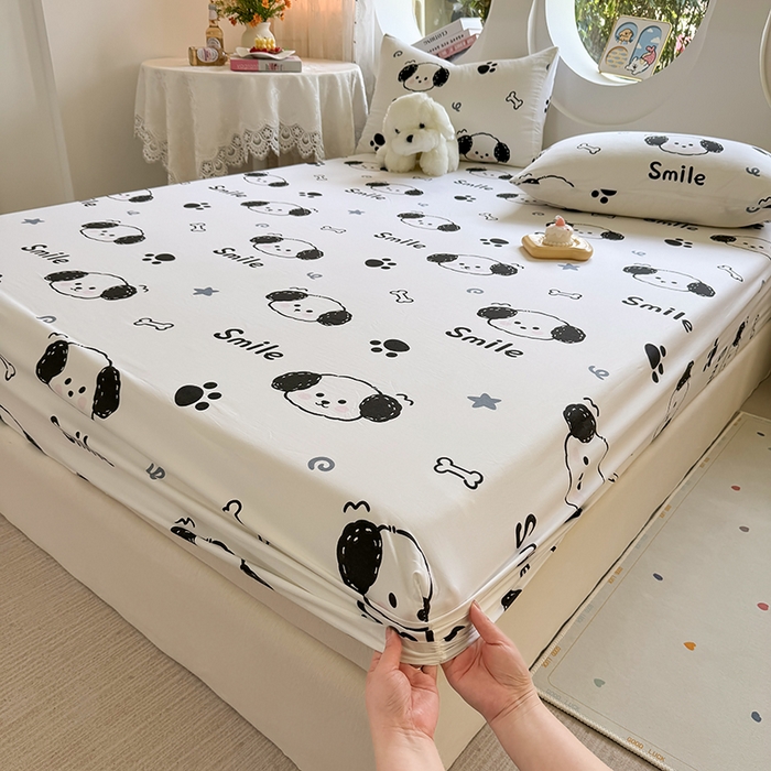 91家纺网 家纺一手货源 找家纺 十一家居 2025新款ins韩系卡通印花亲肤水洗棉床笠 微笑狗狗