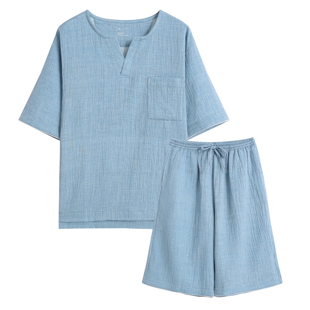 91家纺网 家纺一手货源 找家纺 （总）伊嫚家居日式无印风良品全棉双层纱睡衣男纯棉短袖睡衣夏季皱纱短裤家居服