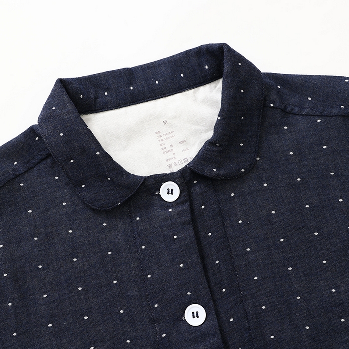 91家纺网 家纺一手货源 找家纺 伊嫚家居 2025新款日式无印风良品全棉双层纱睡衣女纯棉短袖短裤睡衣夏季纯棉短袖家居服 藏青波点女