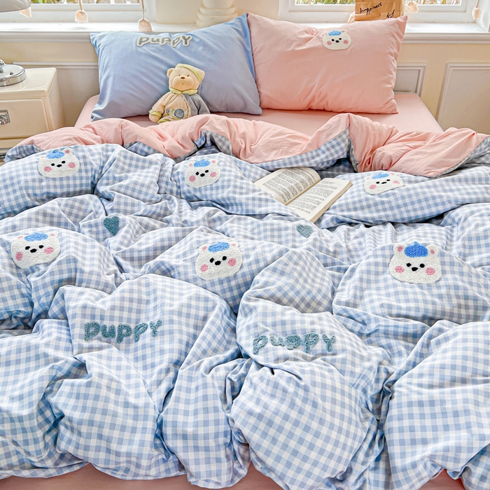 91家纺网 家纺一手货源 找家纺 海岛哥哥 2025新款云柔棉毛巾绣 四件套 毛巾绣-帽子小狗