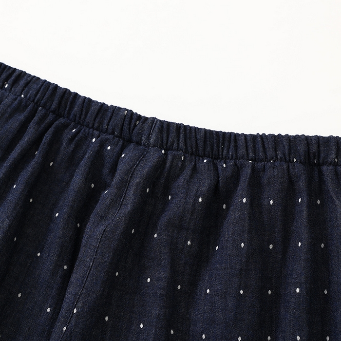 91家纺网 家纺一手货源 找家纺 伊嫚家居 2025新款日式无印风良品全棉双层纱睡衣女纯棉短袖短裤睡衣夏季纯棉短袖家居服 藏青波点男