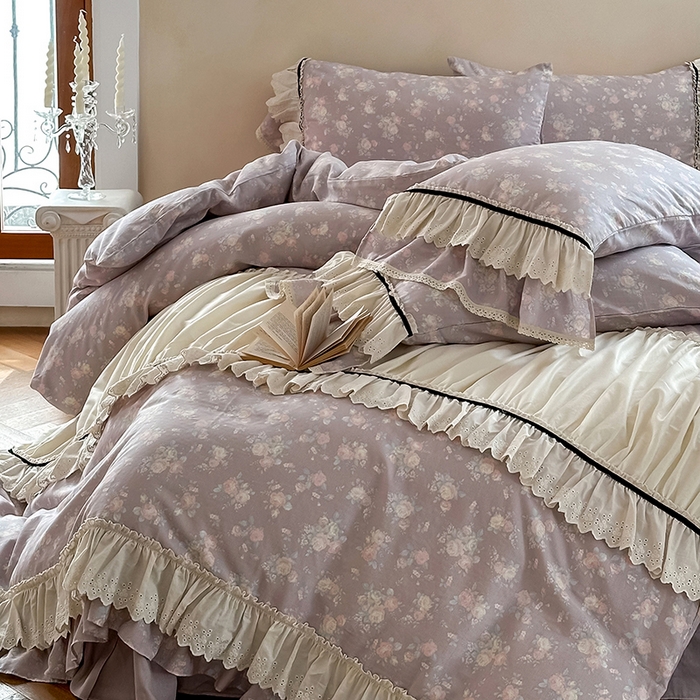 91家纺网 家纺一手货源 找家纺 婳庭家居 2025新款双层纱褶皱花边款四件套 紫萱