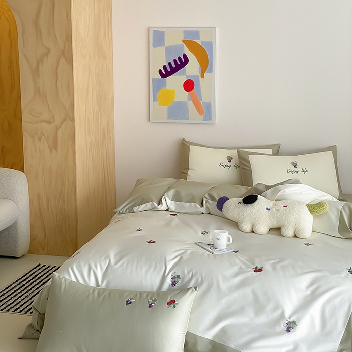 91家纺网 家纺一手货源 找家纺 时亿 2025新款100支长绒棉春夏拼接款四件套 水果派对