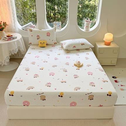 91家纺网 家纺一手货源 找家纺 十一家居 2025新款ins韩系卡通印花亲肤水洗棉床笠 面包甜甜圈