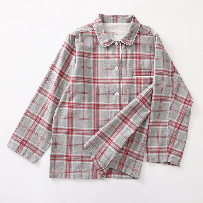 91家纺网 家纺一手货源 找家纺 伊嫚家居 2025新款无印日式双股全棉法兰绒家居服良品睡衣女纯棉直播秋冬款情侣睡衣 混灰色大格女