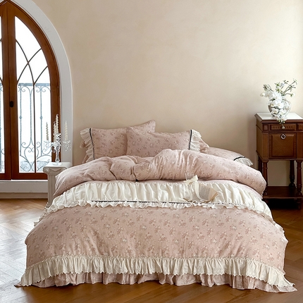 91家纺网 家纺一手货源 找家纺 （总）婳庭家居 2025新款双层纱褶皱花边款四件套