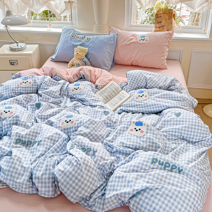 91家纺网 家纺一手货源 找家纺 海岛哥哥 2025新款云柔棉毛巾绣 四件套 毛巾绣-帽子小狗