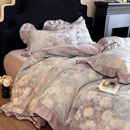 91家纺网 家纺一手货源 找家纺 （总）索飞特家纺 2025新款全棉纯棉双层法式皱皱纱数码印花四件套