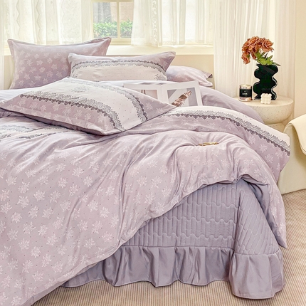91家纺网 家纺一手货源 找家纺 2026春夏新款拼色提花双层纱古法水洗床盖四件套提花云感棉 雅韵紫