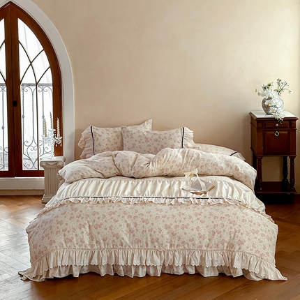 婳庭家居 2025新款双层纱褶皱花边款四件套 玫瑰故事