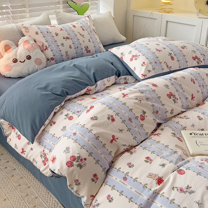 91家纺网 家纺一手货源 找家纺 王朝国际 2025新款直播热款有氧提花有氧双层纱碎花单被套 蓝颜