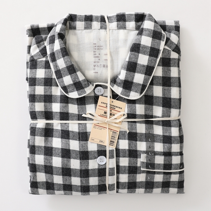 91家纺网 家纺一手货源 找家纺 伊嫚家居 2025新款无印日式双股全棉法兰绒家居服良品睡衣女纯棉直播秋冬款情侣睡衣 碳灰小格男