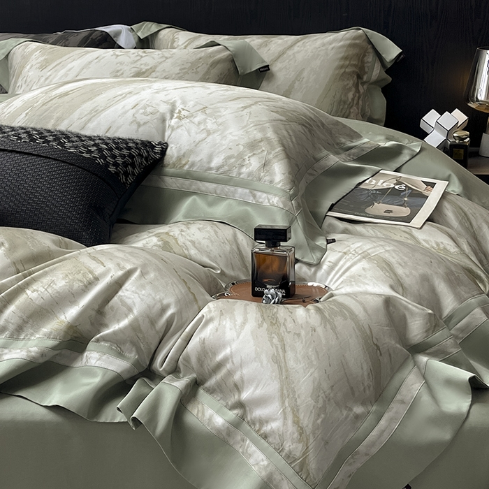 91家纺网 家纺一手货源 找家纺 A类母婴级天丝棉夹棉床盖床笠四件套全棉纯棉纯色长绒棉真丝保护罩高级感印花床上用品 布里奇-绿