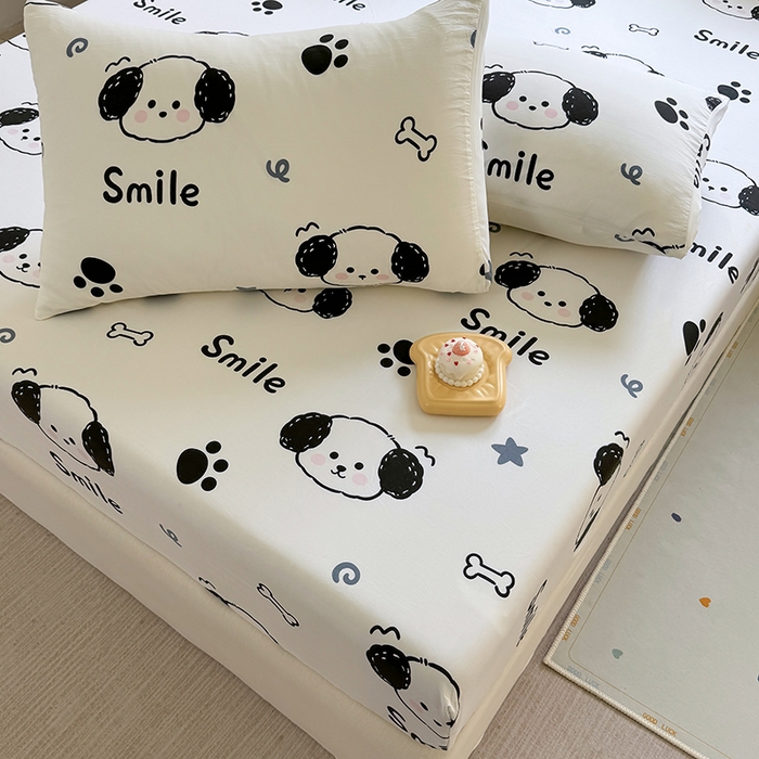91家纺网 家纺一手货源 找家纺 十一家居 2025新款ins韩系卡通印花亲肤水洗棉床笠 微笑狗狗