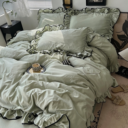 原素 2025夏季冰丝韩系大花边水洗真丝四件套 沐言-水光绿