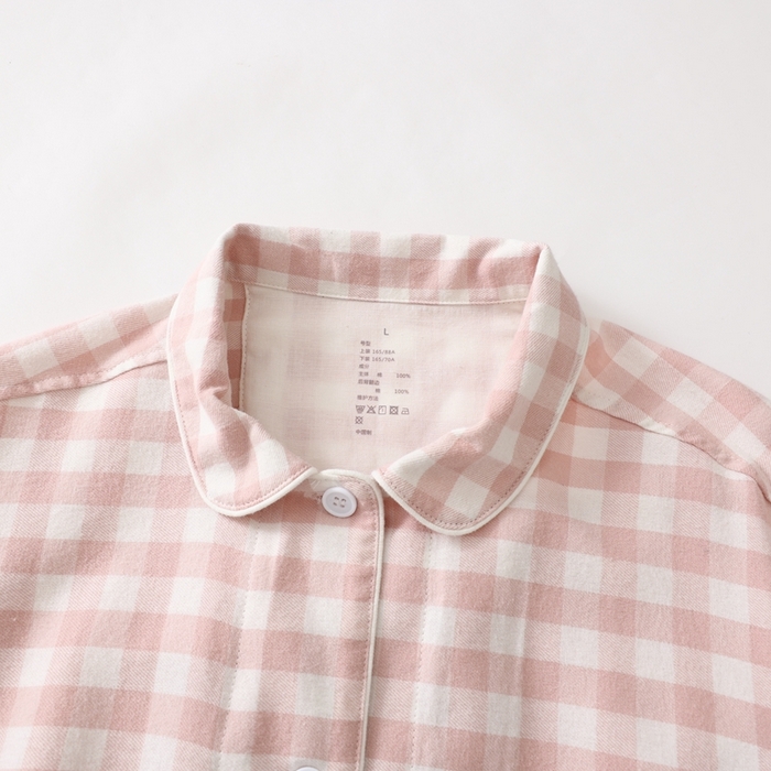 91家纺网 家纺一手货源 找家纺 伊嫚家居 2025新款无印日式双股全棉法兰绒家居服良品睡衣女纯棉直播秋冬款情侣睡衣 粉色小格