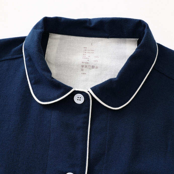 91家纺网 家纺一手货源 找家纺 伊嫚家居 2025新款无印日式双股全棉法兰绒家居服良品睡衣女纯棉直播秋冬款情侣睡衣 纯藏青色男