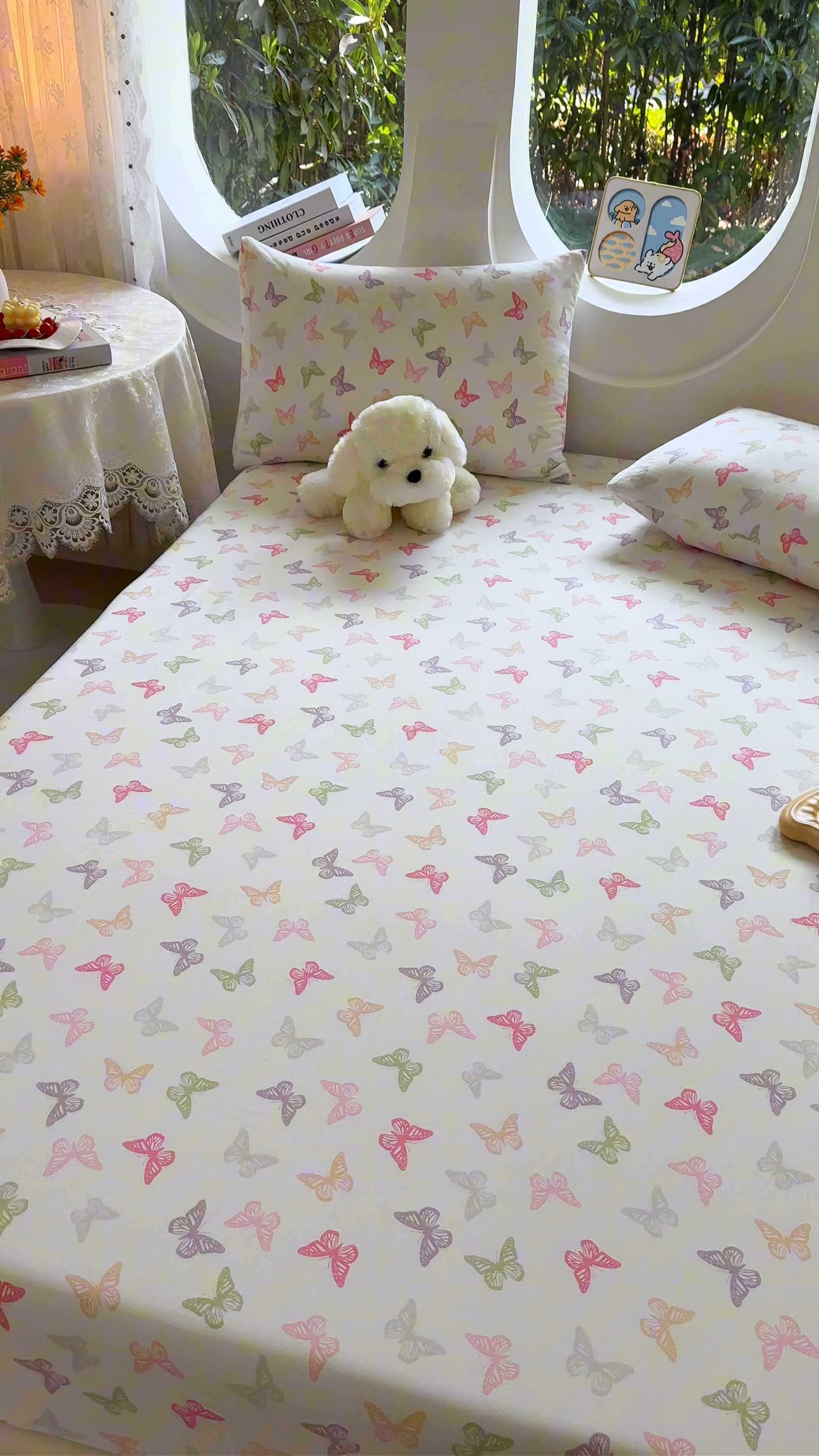 91家纺网 家纺一手货源 找家纺 十一家居 2025新款ins韩系卡通印花亲肤水洗棉床笠 彩蝶之舞
