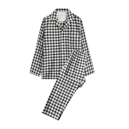 伊嫚家居 2025新款无印日式双股全棉法兰绒家居服良品睡衣女纯棉直播秋冬款情侣睡衣 碳灰小格男