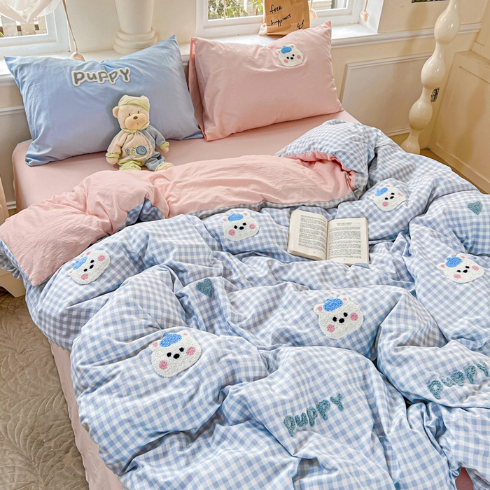 91家纺网 家纺一手货源 找家纺 海岛哥哥 2025新款云柔棉毛巾绣 四件套 毛巾绣-帽子小狗