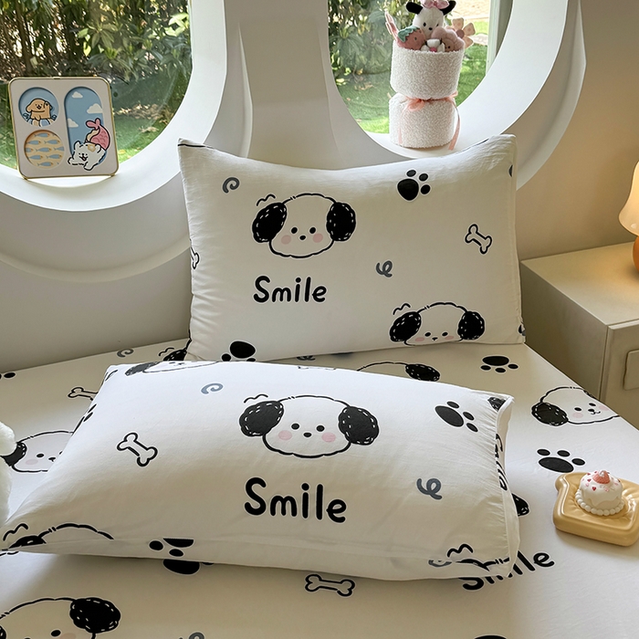 91家纺网 家纺一手货源 找家纺 十一家居 2025新款ins韩系卡通印花亲肤水洗棉床笠 微笑狗狗