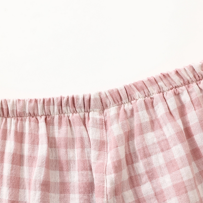 91家纺网 家纺一手货源 找家纺 伊嫚家居 2025新款日式无印风良品全棉双层纱睡衣女纯棉短袖短裤睡衣夏季纯棉短袖家居服 粉小格女