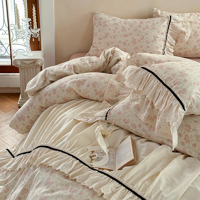 91家纺网 家纺一手货源 找家纺 婳庭家居 2025新款双层纱褶皱花边款四件套 玫瑰故事