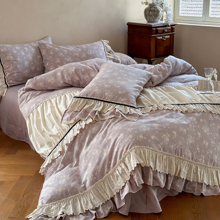 91家纺网 家纺一手货源 找家纺 婳庭家居 2025新款双层纱褶皱花边款四件套 紫萱