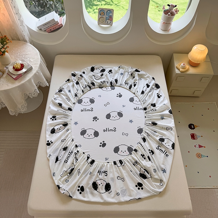 91家纺网 家纺一手货源 找家纺 十一家居 2025新款ins韩系卡通印花亲肤水洗棉床笠 微笑狗狗