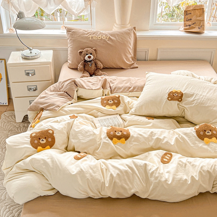 91家纺网 家纺一手货源 找家纺 海岛哥哥 2025新款云柔棉毛巾绣 四件套 毛巾绣-面包小熊