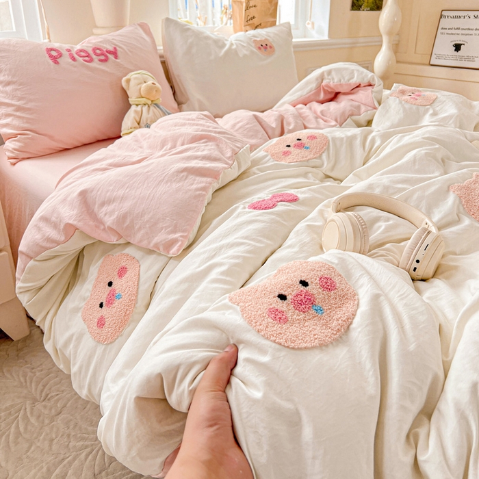 91家纺网 家纺一手货源 找家纺 海岛哥哥 2025新款云柔棉毛巾绣 四件套 毛巾绣-可爱小猪