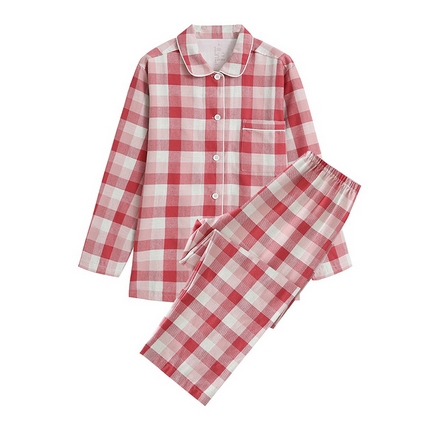 伊嫚家居 2025新款无印日式双股全棉法兰绒家居服良品睡衣女纯棉直播秋冬款情侣睡衣 蜜桃粉格女