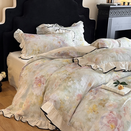 91家纺网 家纺一手货源 找家纺 （总）索飞特家纺 2025新款全棉纯棉双层法式皱皱纱数码印花四件套