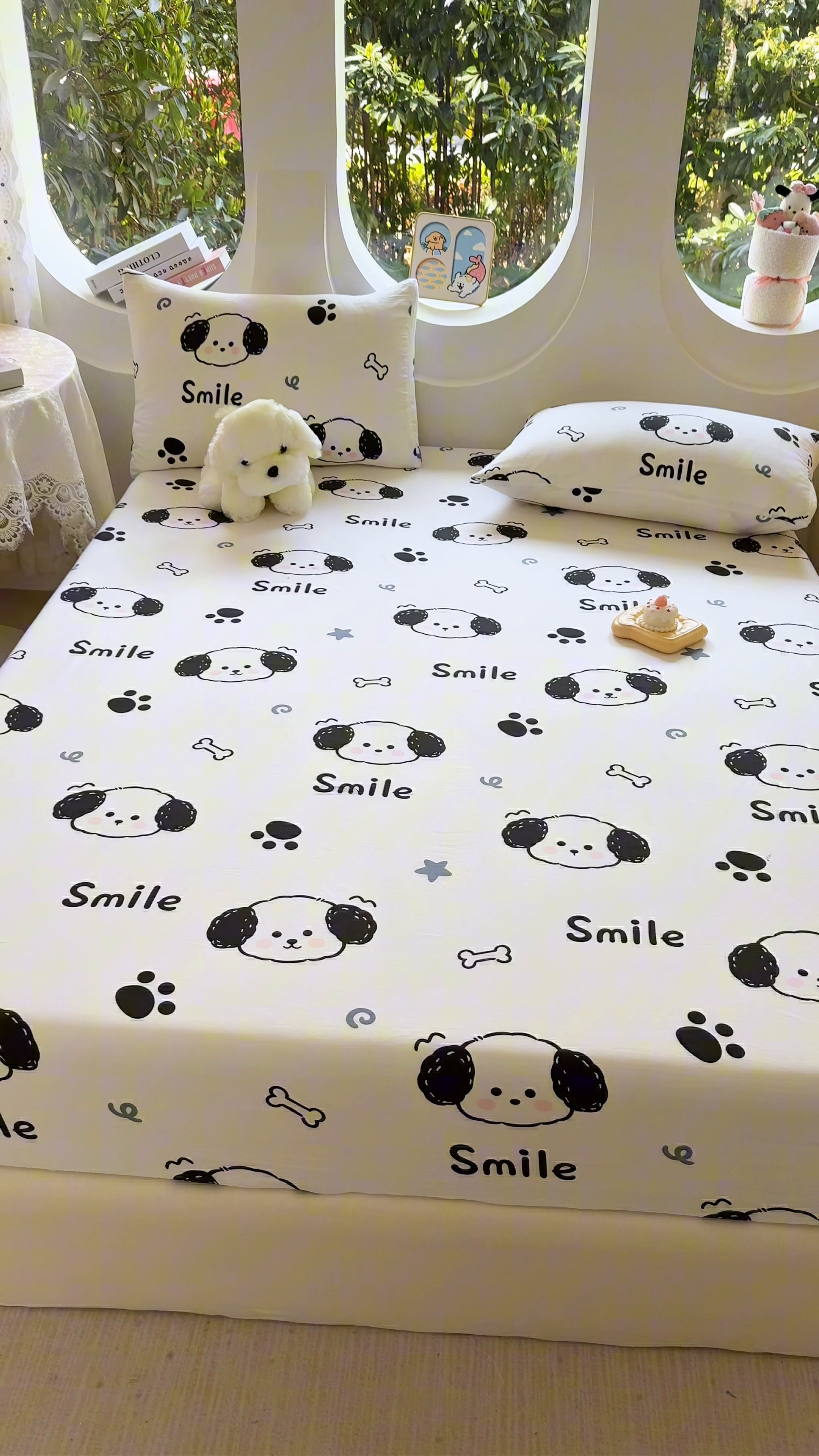 91家纺网 家纺一手货源 找家纺 十一家居 2025新款ins韩系卡通印花亲肤水洗棉床笠 微笑狗狗
