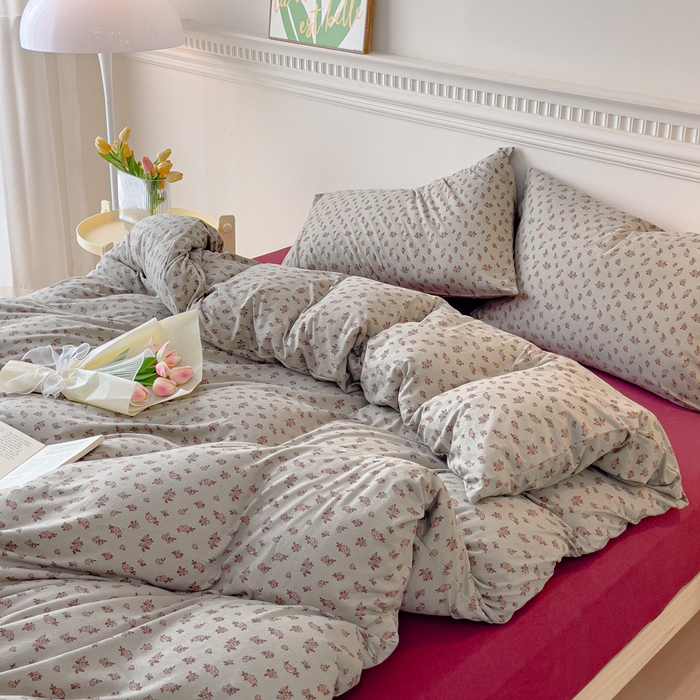 91家纺网 家纺一手货源 找家纺 伊嫚家居 新款日式新品全棉针织棉A类活性印花四件套天竺棉小碎花复古亲肤被罩床笠款套件 雅素栀子花