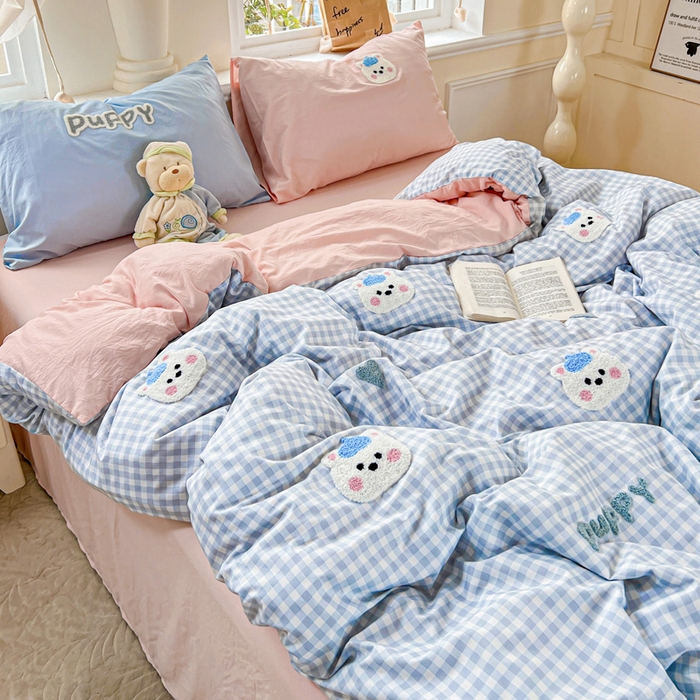 91家纺网 家纺一手货源 找家纺 海岛哥哥 2025新款云柔棉毛巾绣 四件套 毛巾绣-帽子小狗