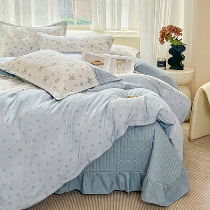 2026春夏新款拼色提花双层纱古法水洗床盖四件套提花云感棉 浪漫主义蓝