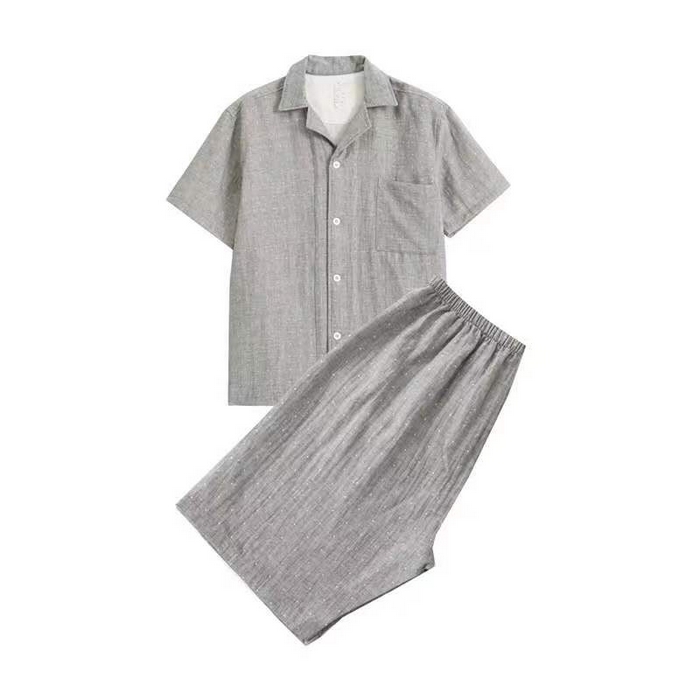 91家纺网 家纺一手货源 找家纺 伊嫚家居 2025新款日式无印风良品全棉双层纱睡衣女纯棉短袖短裤睡衣夏季纯棉短袖家居服 灰色波点男