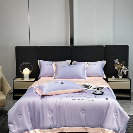 91家纺网 家纺一手货源 找家纺 仔仔熊 2025新款水洗真丝夏凉被四件套-春暖花开系列 春暖花开 星黛紫-奶油粉