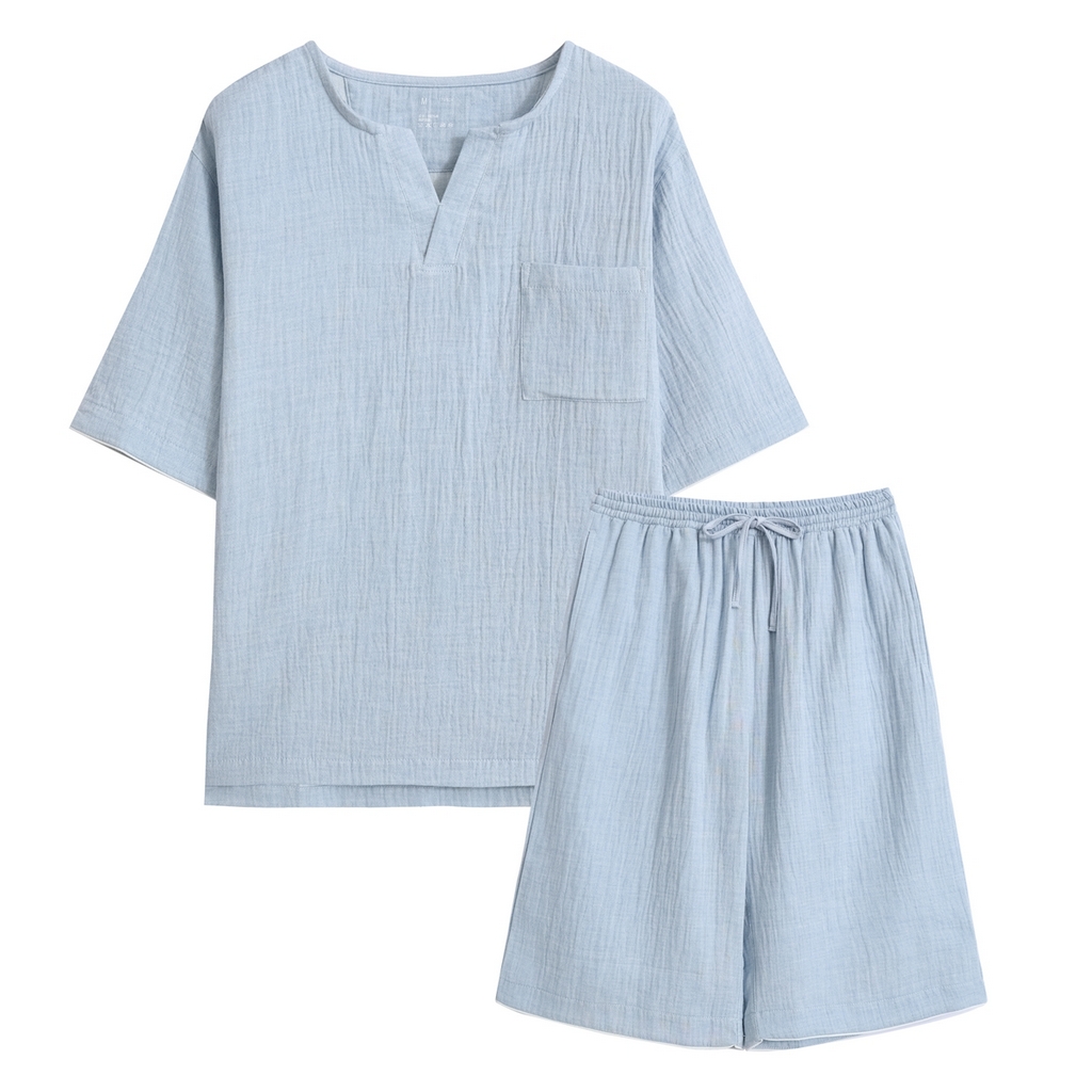 91家纺网 家纺一手货源 找家纺 伊嫚家居日式无印风良品全棉双层纱睡衣男纯棉短袖睡衣夏季皱纱短裤家居服 男烟蓝色短袖短裤