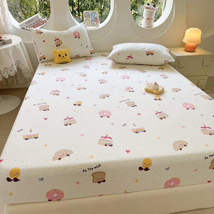 91家纺网 家纺一手货源 找家纺 十一家居 2025新款ins韩系卡通印花亲肤水洗棉床笠 面包甜甜圈