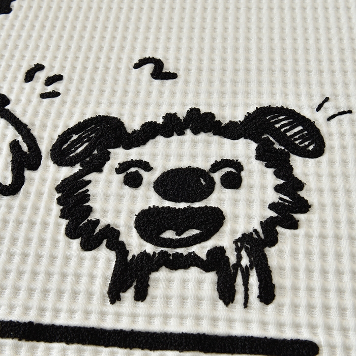 91家纺网 家纺一手货源 找家纺 炫拼  2025新款A类凉豆豆华夫格卡通绣花床笠款三件套 随意的狗